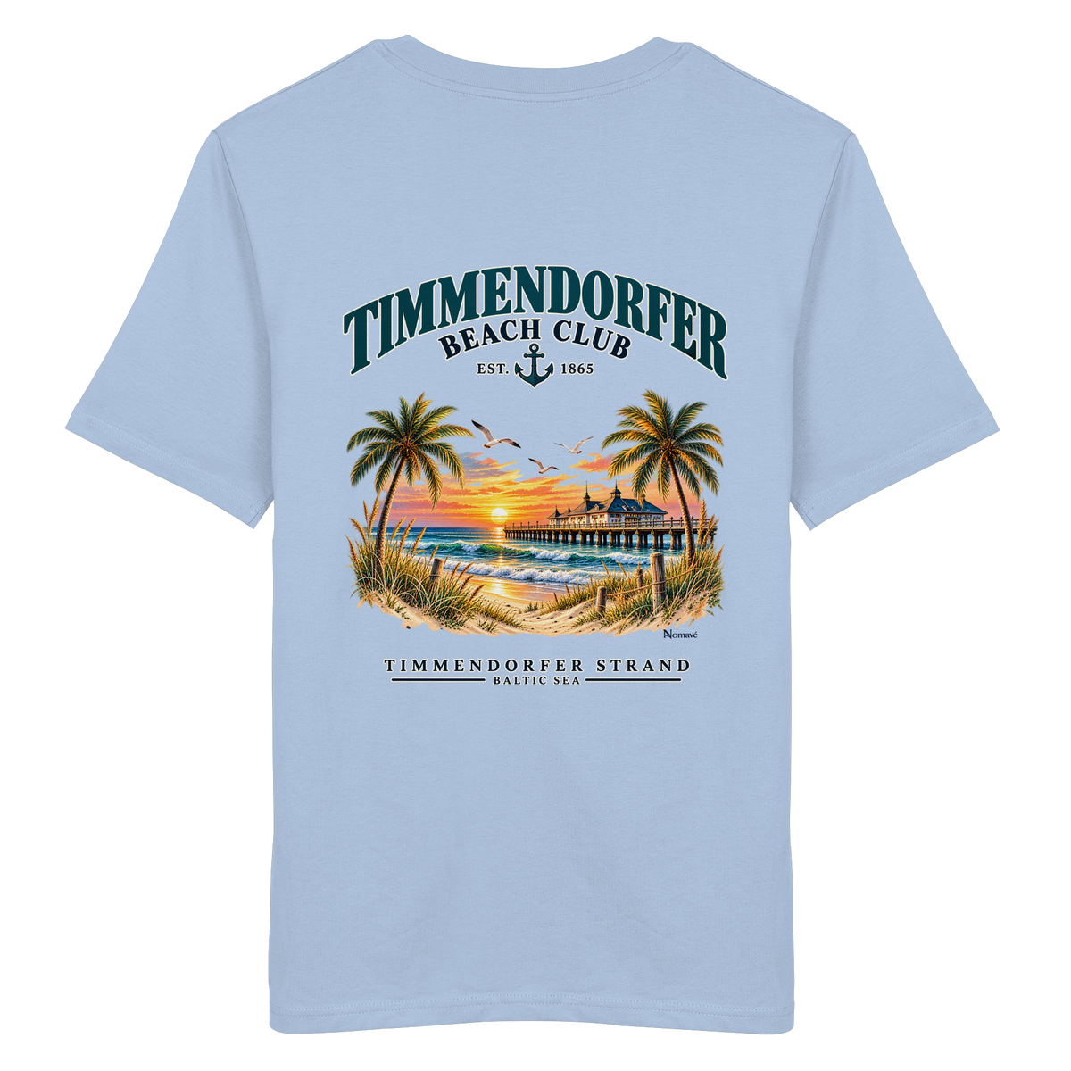 Original-/Katalogmockup: Unisex Bio-T-Shirt in Blue Soul, Rückansicht mit Timmendorfer-Beach-Club-Rückendruck.