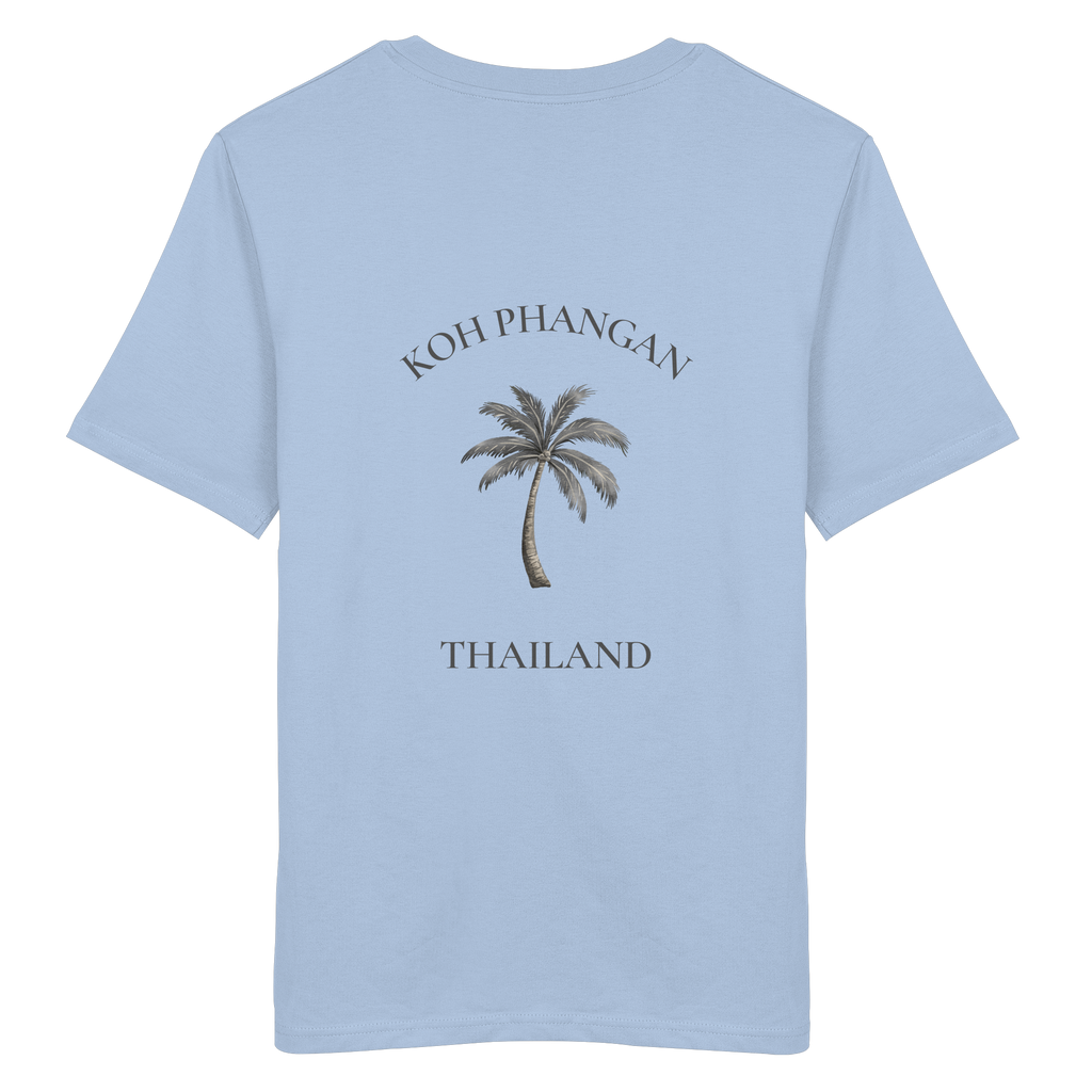 Bio T-Shirt in Blue Soul, Original-Mockup Rückenansicht mit Koh Phangan Mini Palm Backprint