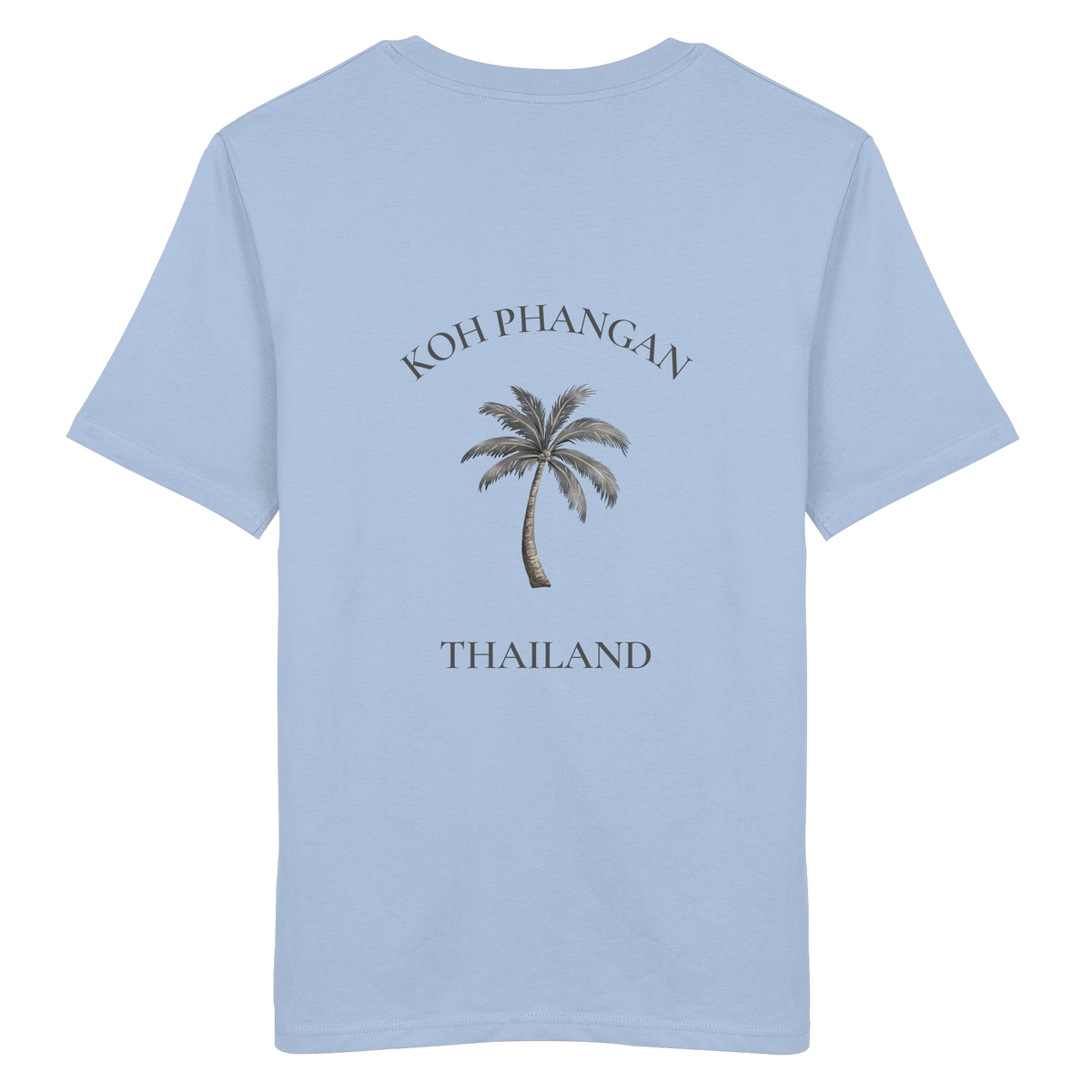 Bio T-Shirt in Blue Soul, Original-Mockup Rückenansicht mit Koh Phangan Mini Palm Backprint