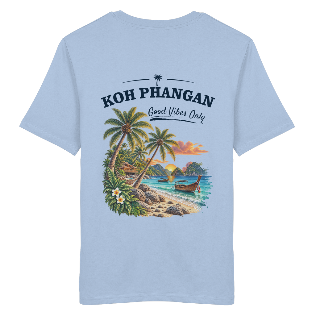 Koh Phangan Good Vibes Only – Bio T-Shirt – Backprint – Original-Mockup organic shirt blue soul mit Rückenmotiv