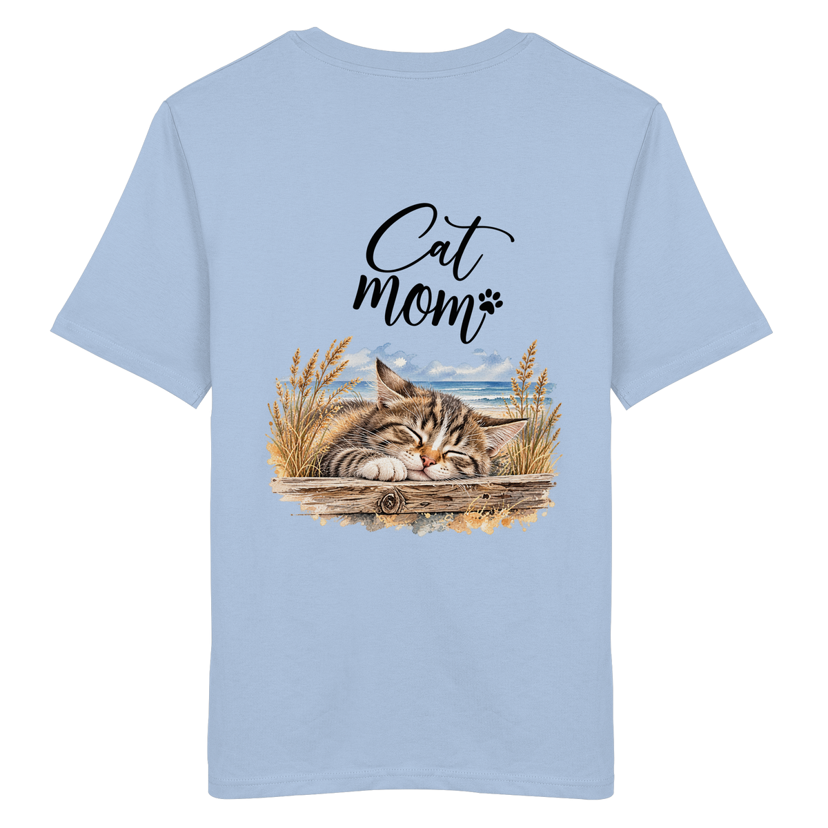 Cat Mom Unisex Bio-T-Shirt in Blue Soul – Original-Mockup 1 mit schlafender Katze, Küstenmotiv und Schriftzug als Rückenprint.