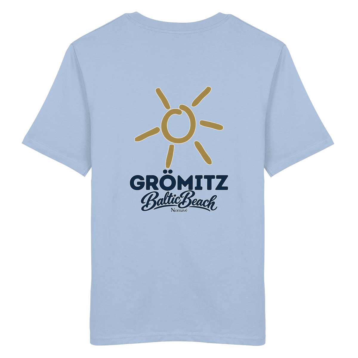 Grömitz Sonne Bio Unisex T-Shirt Baltic Beach mit Rückendruck in Blue Soul – Shirtigo-Originalmockup 17