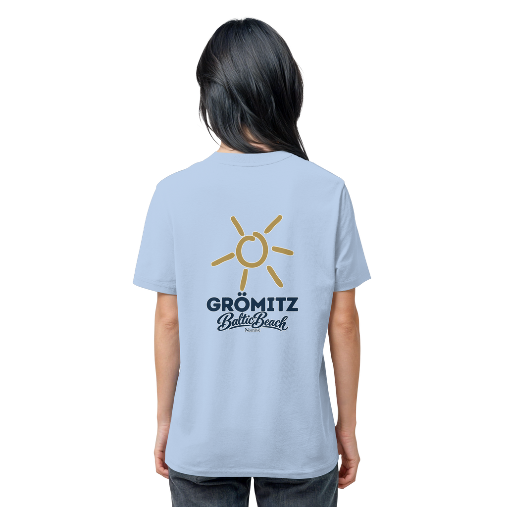 Grömitz Sonne Bio Unisex T-Shirt Baltic Beach mit Rückendruck in Blue Soul – Shirtigo-Originalmockup 18