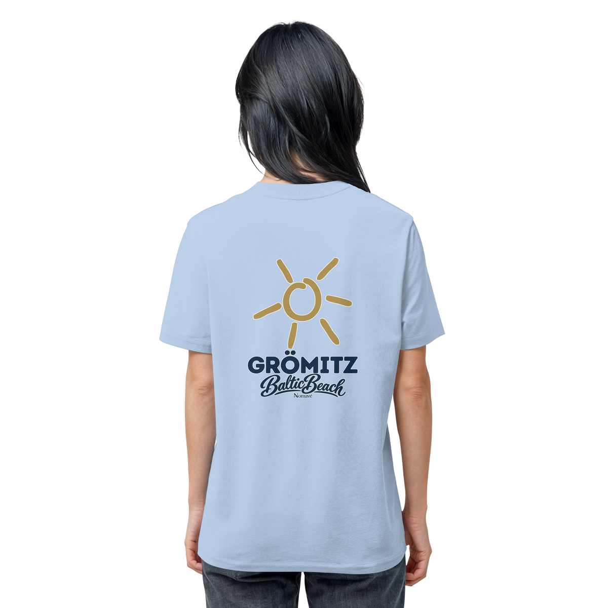Grömitz Sonne Bio Unisex T-Shirt Baltic Beach mit Rückendruck in Blue Soul – Shirtigo-Originalmockup 18