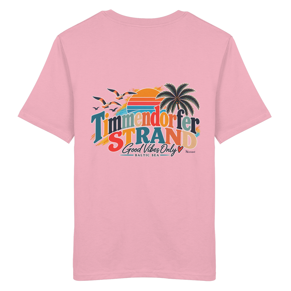 Unisex-Bio-T-Shirt in Cotton Pink, Katalog-Rückansicht mit Timmendorfer-Strand-Good-Vibes-Only-Rückenprint.