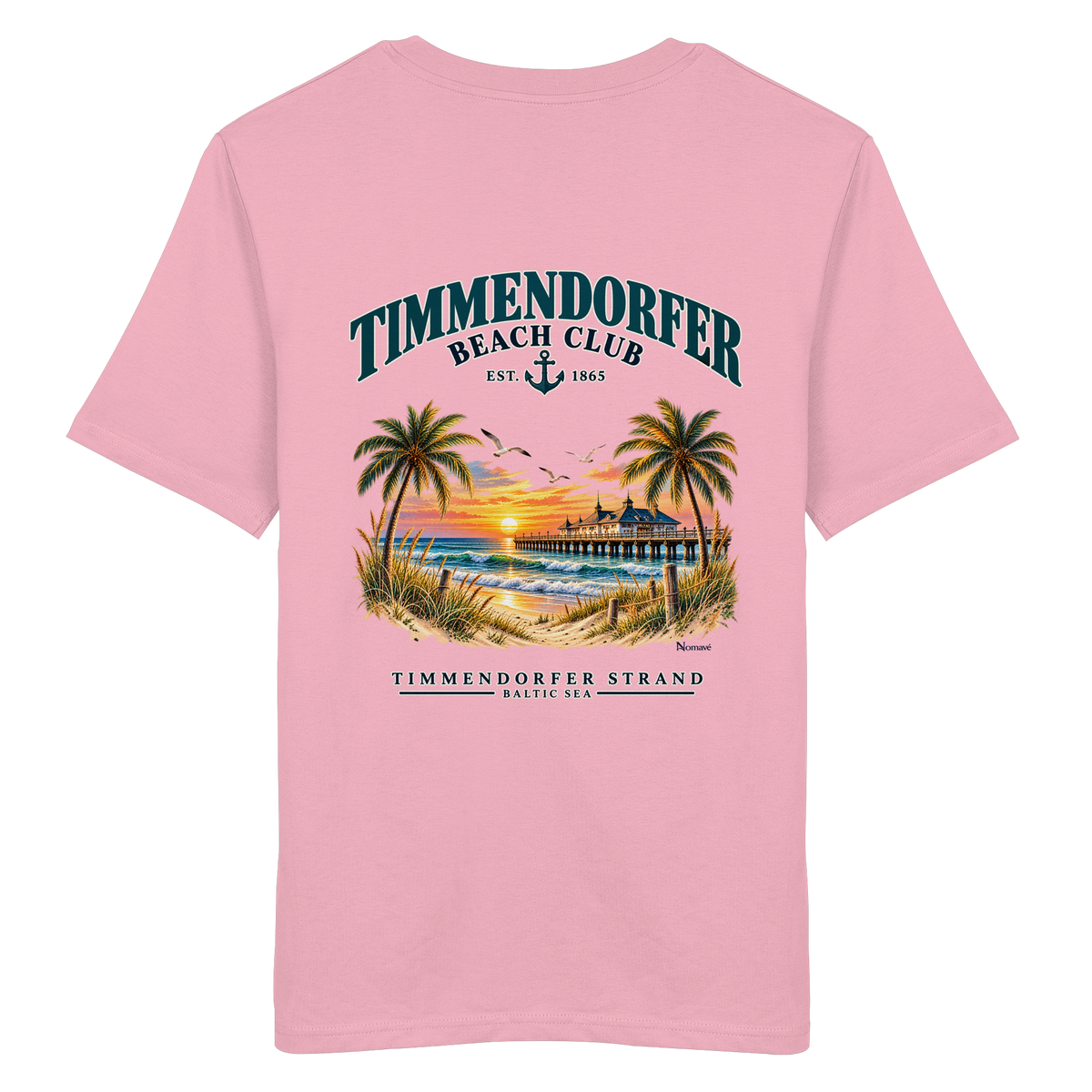 Original-/Katalogmockup: Unisex Bio-T-Shirt in Cotton Pink, Rückansicht mit Timmendorfer-Beach-Club-Rückendruck.