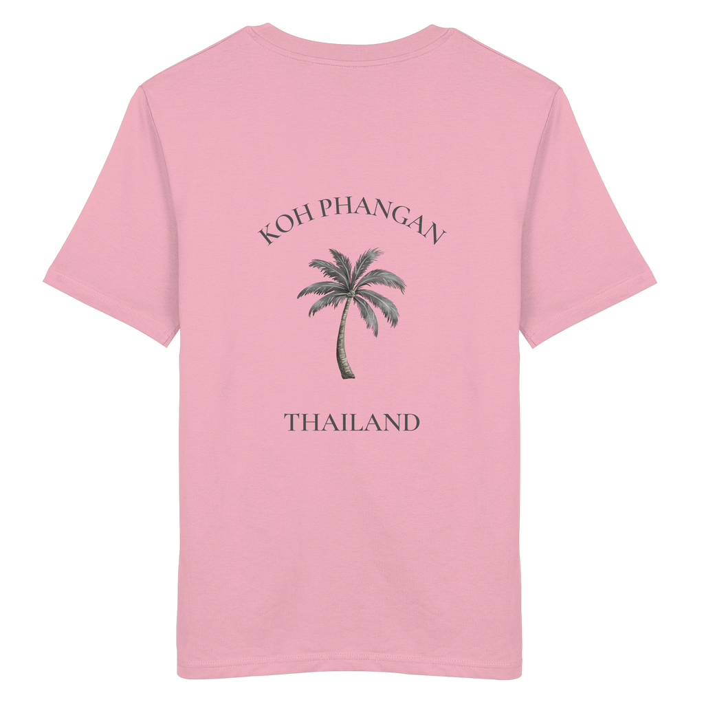 Bio T-Shirt in Cotton Pink, Original-Mockup Rückenansicht mit Koh Phangan Mini Palm Backprint