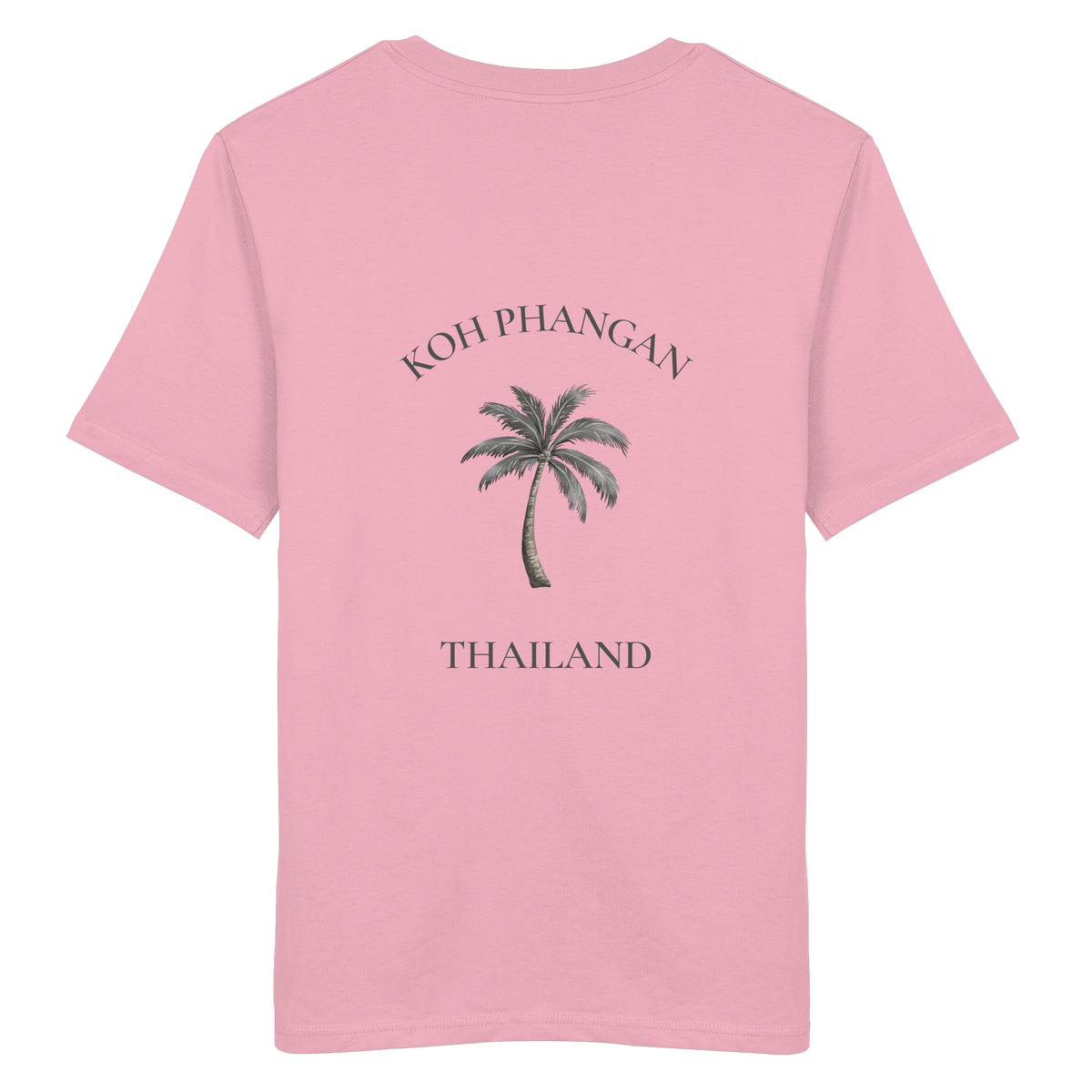 Bio T-Shirt in Cotton Pink, Original-Mockup Rückenansicht mit Koh Phangan Mini Palm Backprint