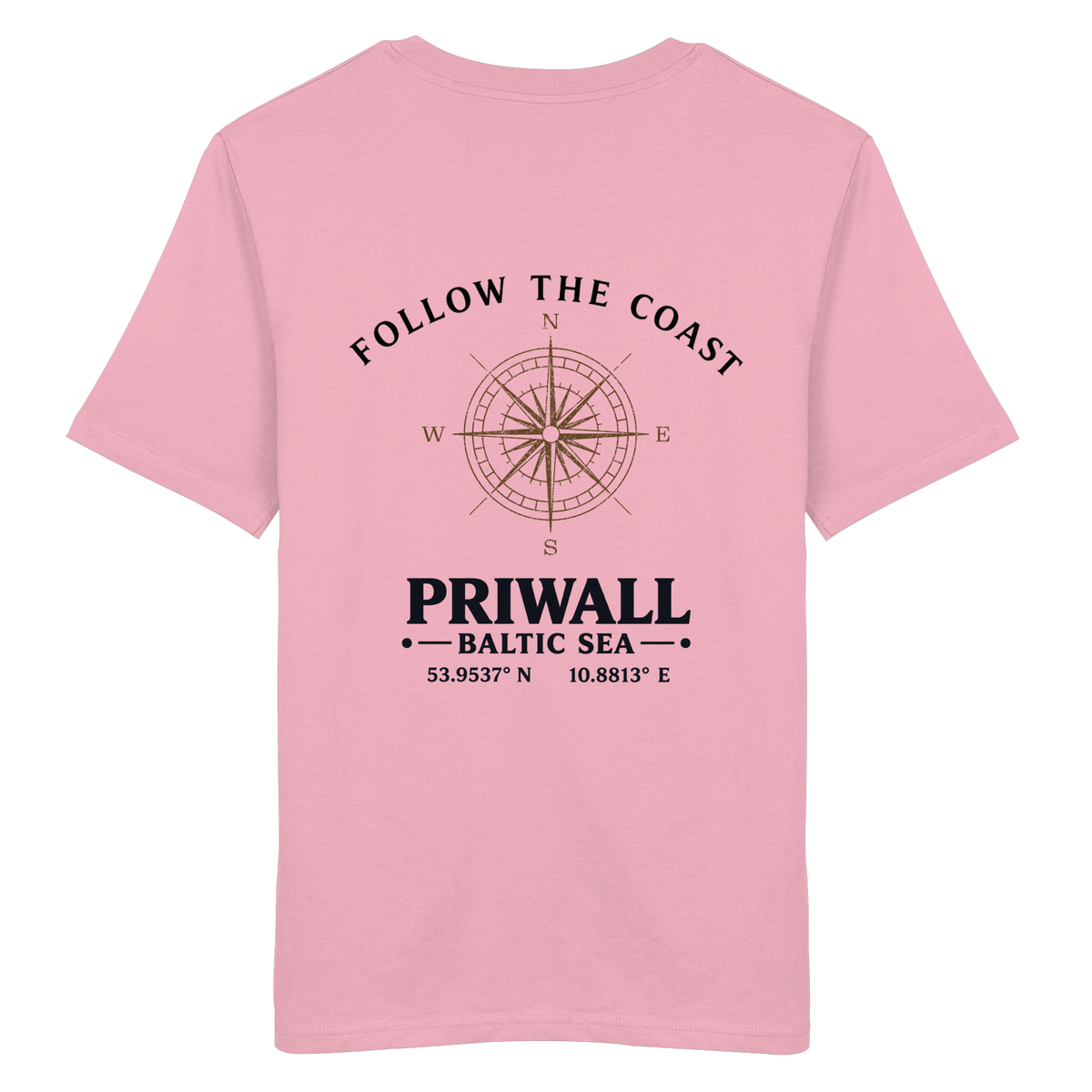 Rückansicht des Bio T-Shirt in Cotton Pink mit hellem Priwall Follow the Coast Backprint