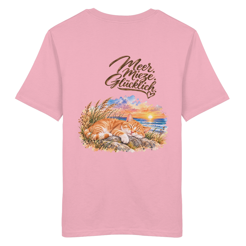 Rückansicht des freigestellten Bio-T-Shirts in Cotton Pink mit „Meer. Mieze. Glücklich.“ und Katzenmotiv – Original-Mockup.