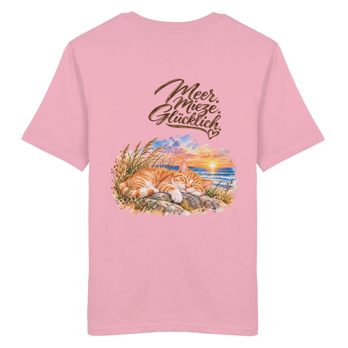 Rückansicht des freigestellten Bio-T-Shirts in Cotton Pink mit „Meer. Mieze. Glücklich.“ und Katzenmotiv – Original-Mockup.