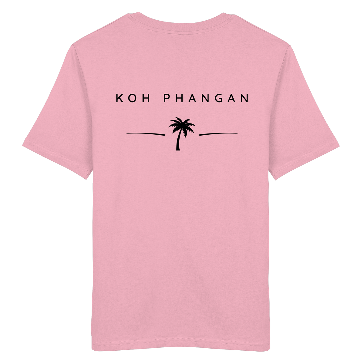 Original-Mockup des Bio T-Shirt in Cotton Pink mit Koh-Phangan-Minimal-Backprint