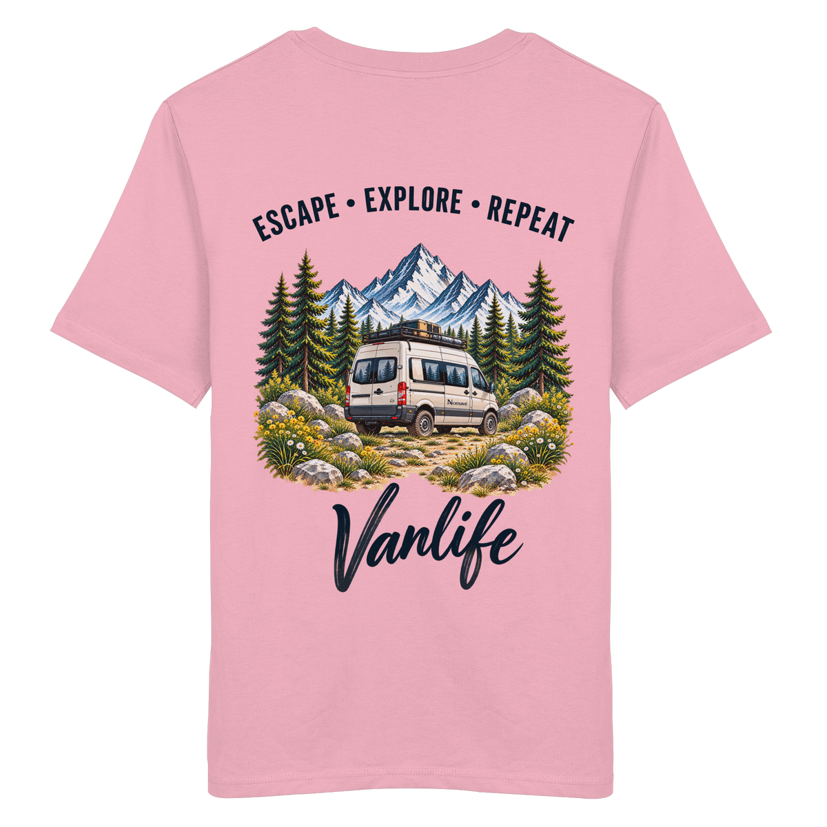 Bio T-Shirt in Cotton Pink als Produkt-Mockup mit Escape Explore Repeat Motiv als Backprint – Produktansicht 2