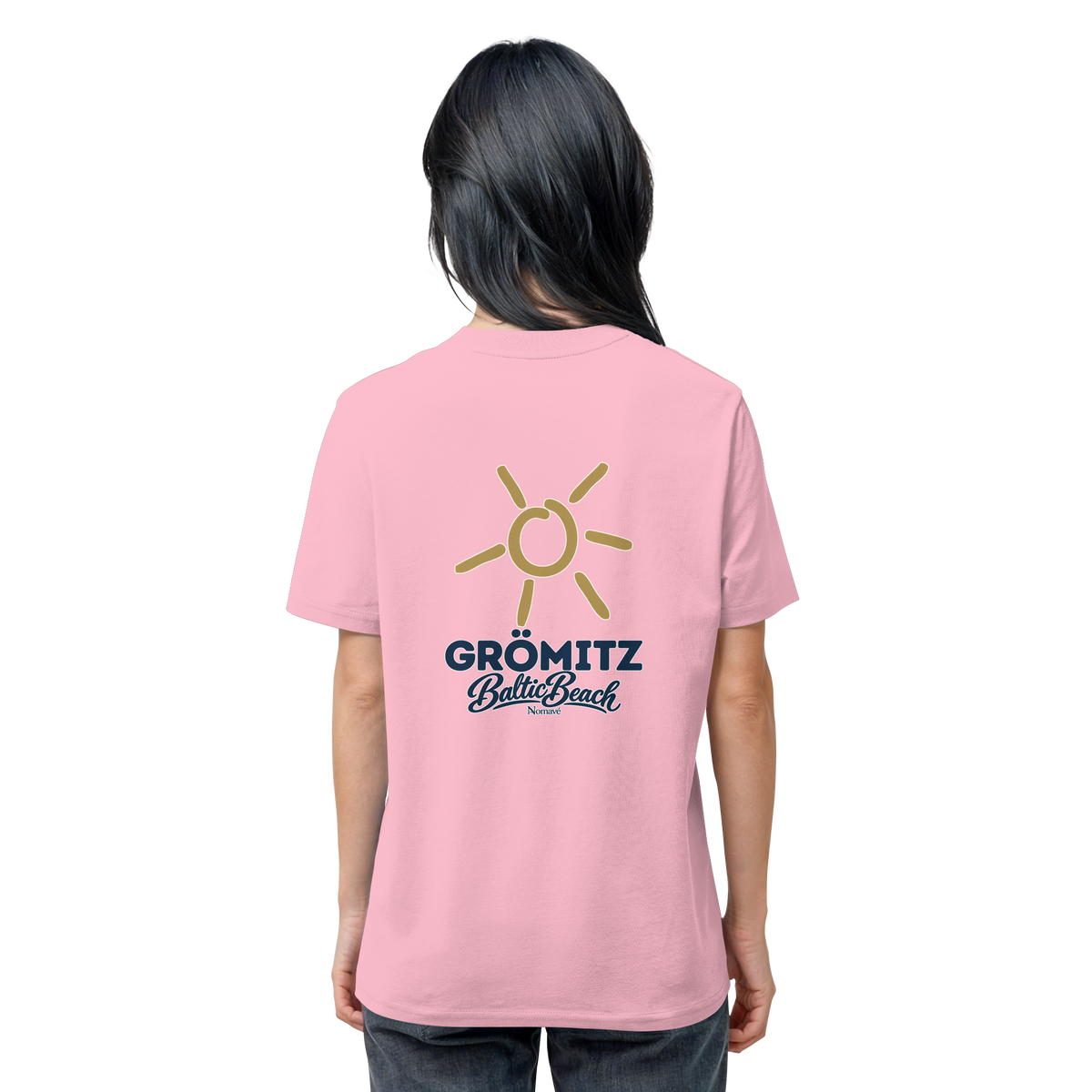Grömitz Sonne Bio Unisex T-Shirt Baltic Beach mit Rückendruck in Cotton Pink – Shirtigo-Originalmockup 10