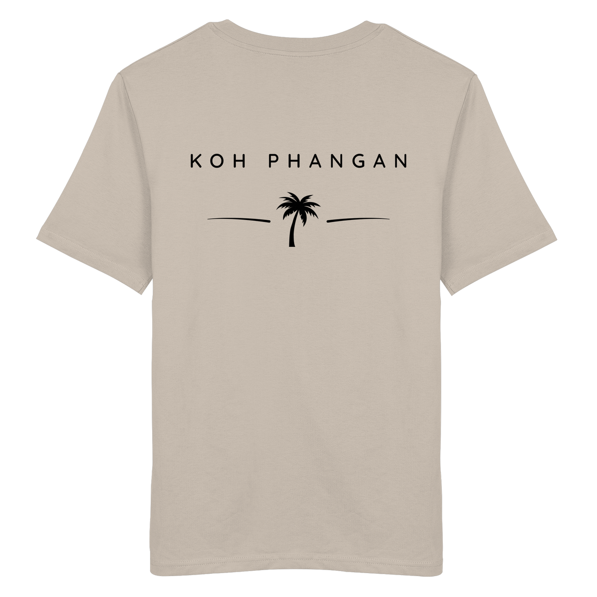 Original-Mockup des Bio T-Shirt in Desert Dust mit Koh-Phangan-Minimal-Backprint