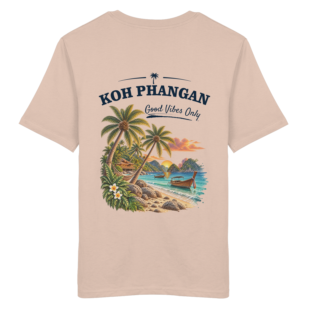 Koh Phangan Good Vibes Only – Bio T-Shirt – Backprint – Original-Mockup organic shirt fraiche peche mit Rückenmotiv