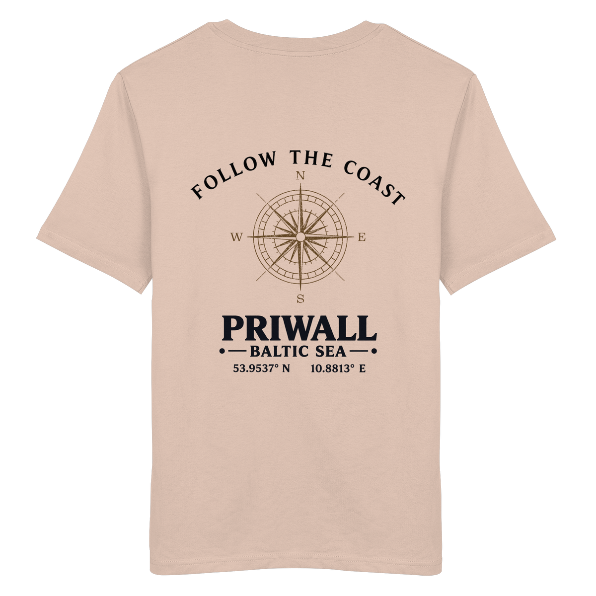 Rückansicht des Bio T-Shirt in Fraiche Peche mit hellem Priwall Follow the Coast Backprint
