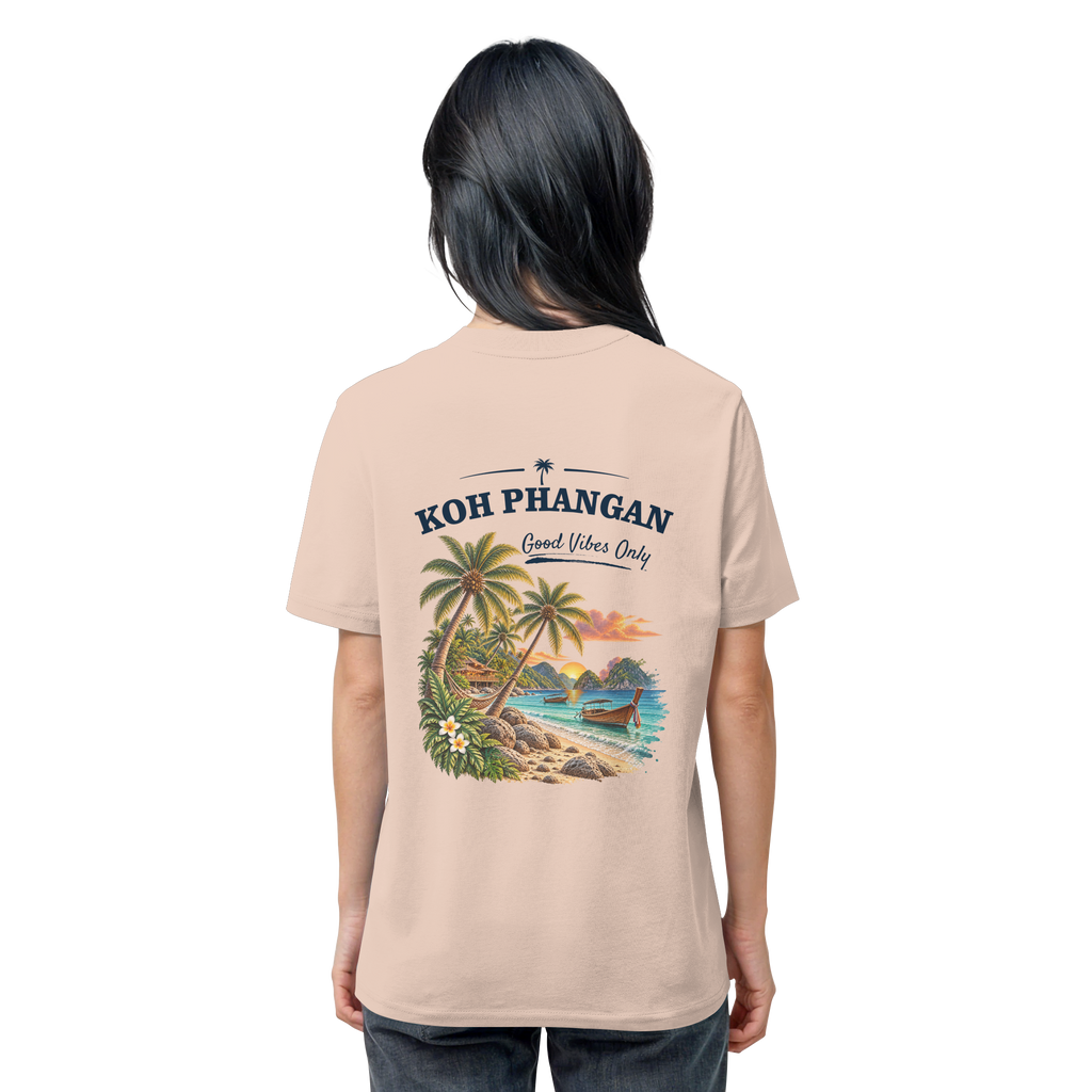 Koh Phangan Good Vibes Only – Bio T-Shirt – Backprint – Original-Mockup organic shirt fraiche peche mit Rückenmotiv
