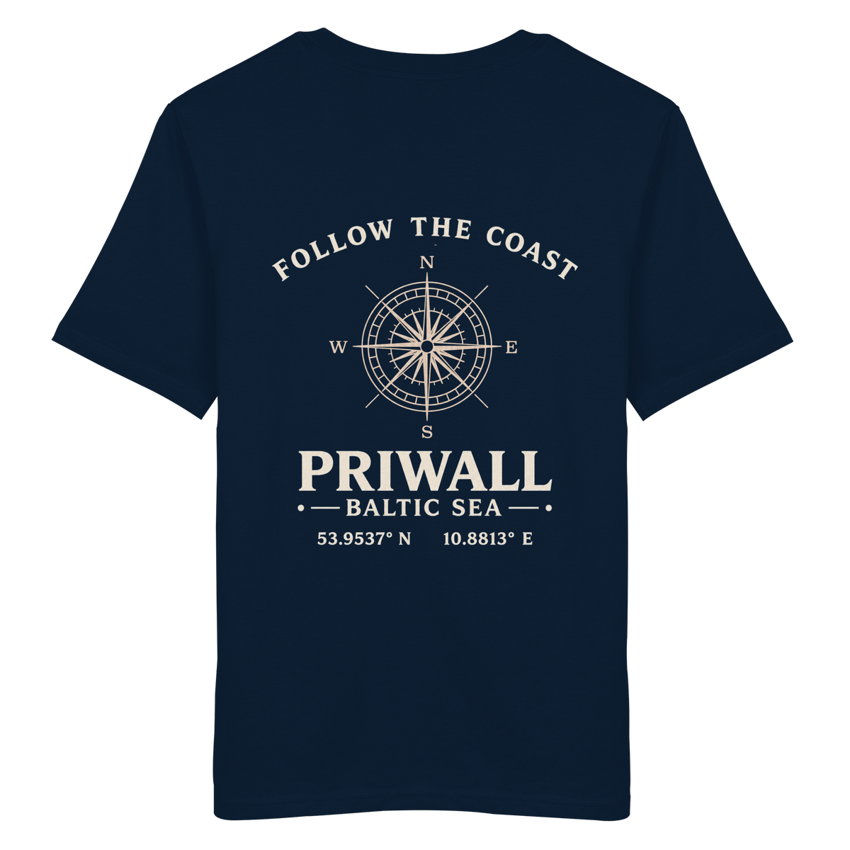Rückansicht des Bio T-Shirt in French Navy mit dunklem Priwall Follow the Coast Backprint