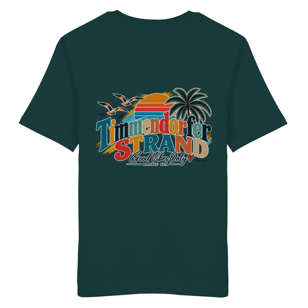 Unisex-Bio-T-Shirt in Glazed Green, Katalog-Rückansicht mit Timmendorfer-Strand-Good-Vibes-Only-Rückenprint.
