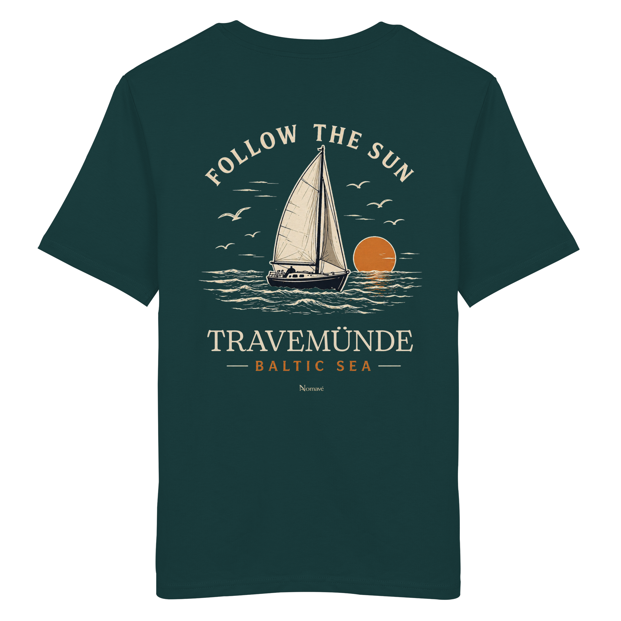 Travemünde Follow The Sun Dark Edition Backprint T-Shirt aus Bio-Baumwolle