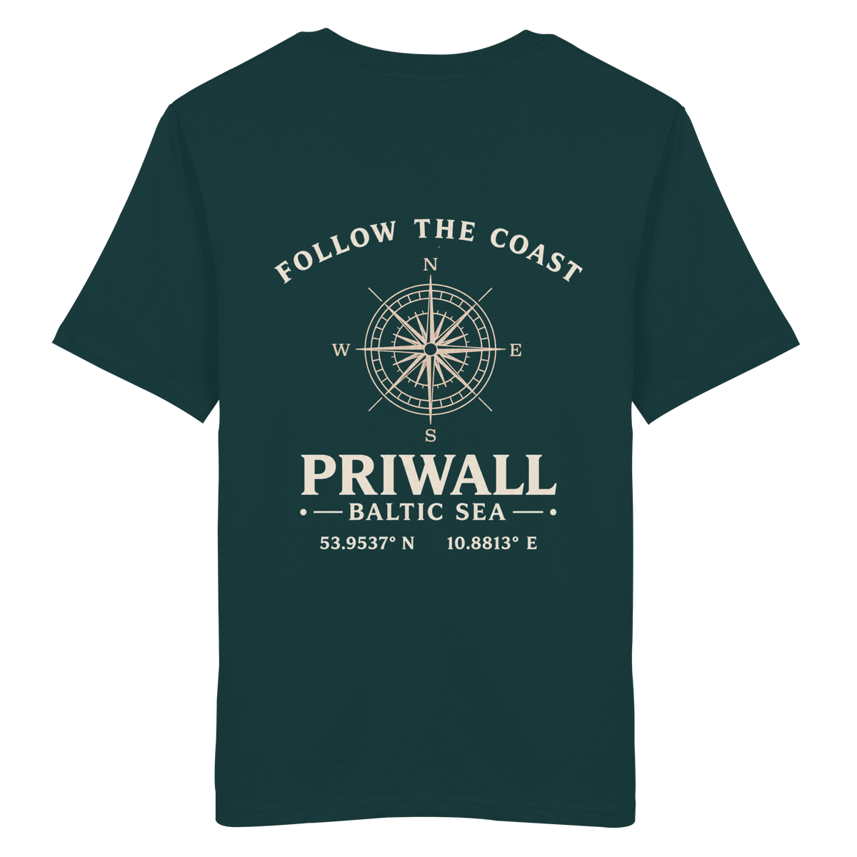 Rückansicht des Bio T-Shirt in Glazed Green mit dunklem Priwall Follow the Coast Backprint