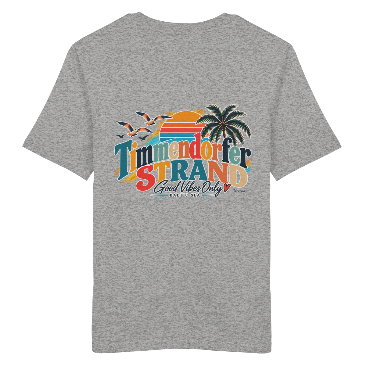 Unisex-Bio-T-Shirt in Heather Grey, Katalog-Rückansicht mit Timmendorfer-Strand-Good-Vibes-Only-Rückenprint.