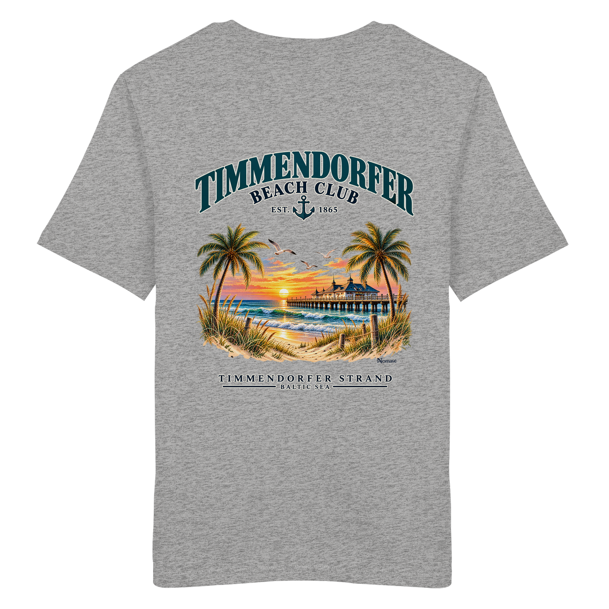 Original-/Katalogmockup: Unisex Bio-T-Shirt in Heather Grey, Rückansicht mit Timmendorfer-Beach-Club-Rückendruck.
