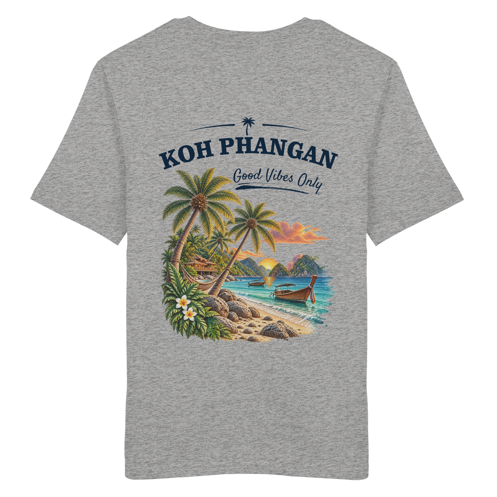 Koh Phangan Good Vibes Only – Bio T-Shirt – Backprint – Original-Mockup organic shirt heather grey mit Rückenmotiv