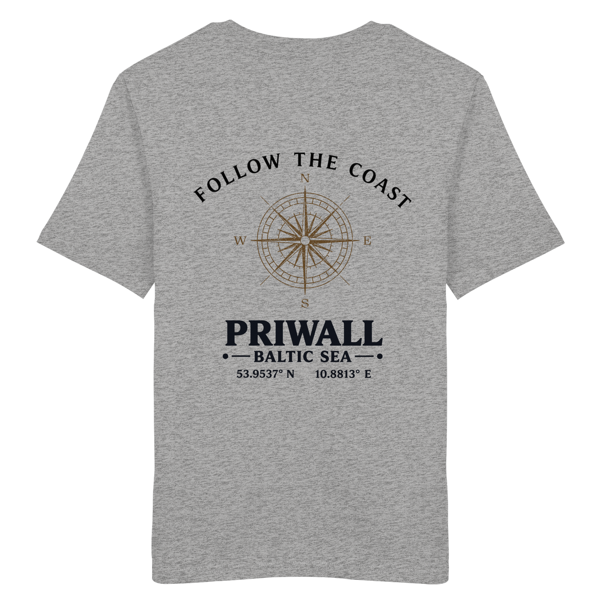 Rückansicht des Bio T-Shirt in Heather Grey mit hellem Priwall Follow the Coast Backprint