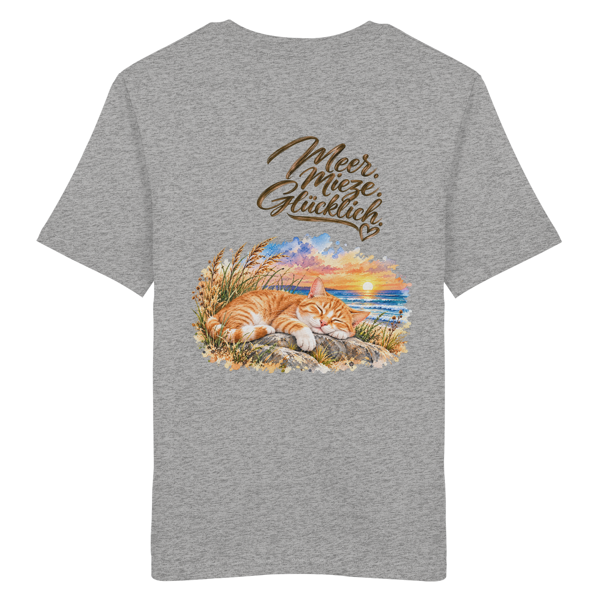 Rückansicht des freigestellten Bio-T-Shirts in Heather Grey mit „Meer. Mieze. Glücklich.“ und Katzenmotiv – Original-Mockup.
