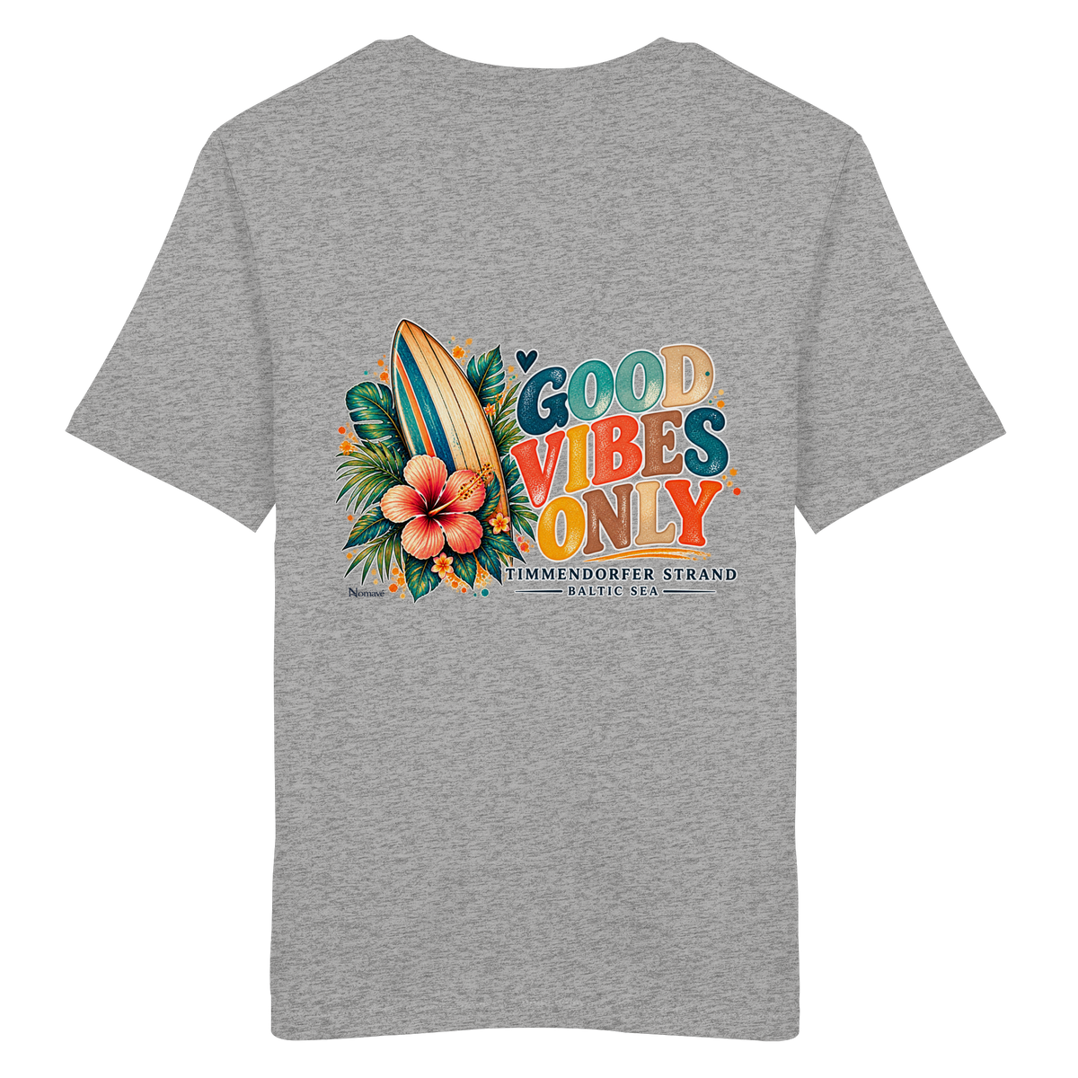 Original-Rückansicht 5: Unisex Bio-T-Shirt in Heather Grey mit Timmendorfer-Surf-Vibes-Rückenprint, Surfboard, Hibiskusblüten und Baltic-Sea-Schriftzug.