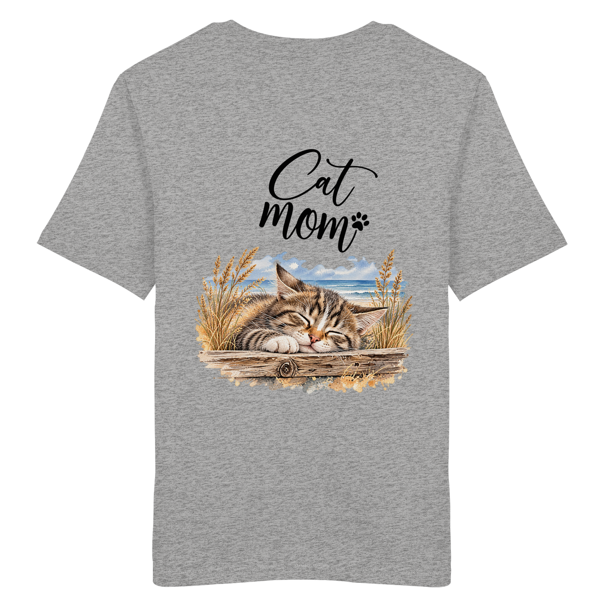 Cat Mom Unisex Bio-T-Shirt in Heather Grey – Original-Mockup 1 mit schlafender Katze, Küstenmotiv und Schriftzug als Rückenprint.