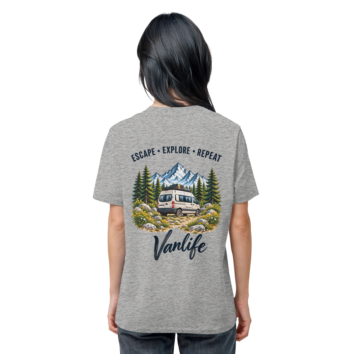 Bio T-Shirt in Heather Grey als Produkt-Mockup mit Escape Explore Repeat Motiv als Backprint – Produktansicht 2