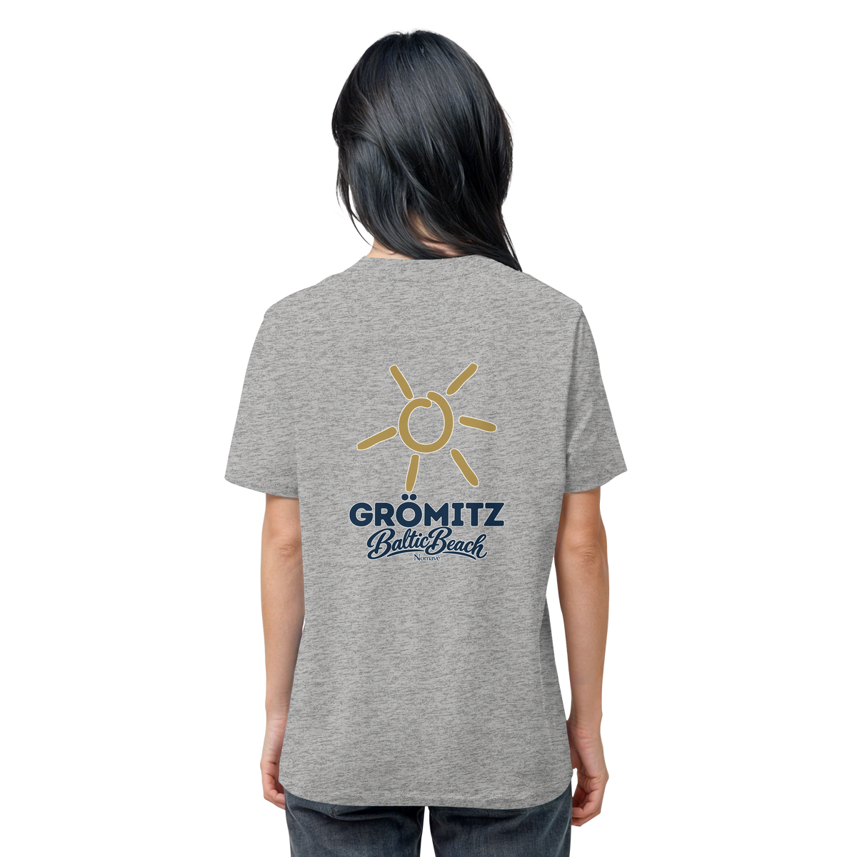 Grömitz Sonne Bio Unisex T-Shirt Baltic Beach mit Rückendruck in Heather Grey – Shirtigo-Originalmockup 5