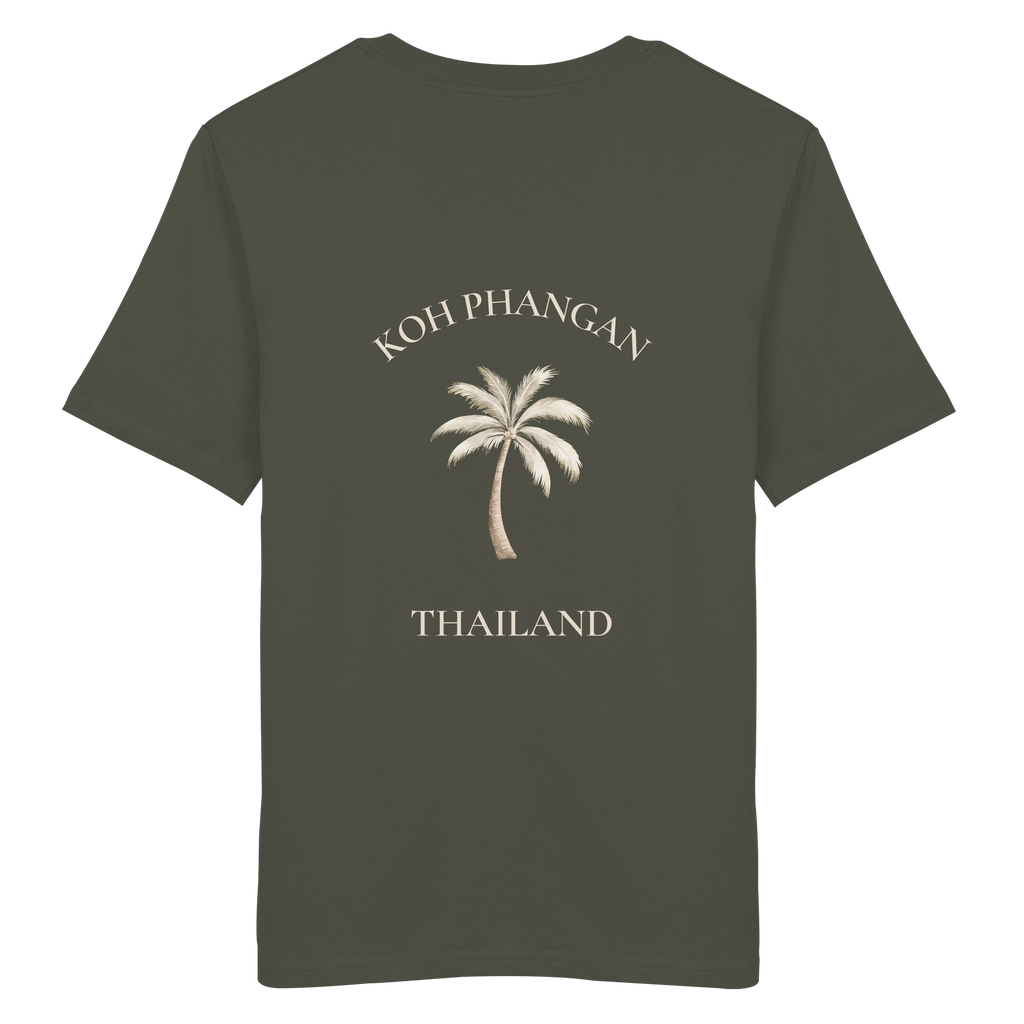 Koh Phangan Mini Palm – Bio T-Shirt – Backprint – Originalmockup in Khaki, Produktansicht 1