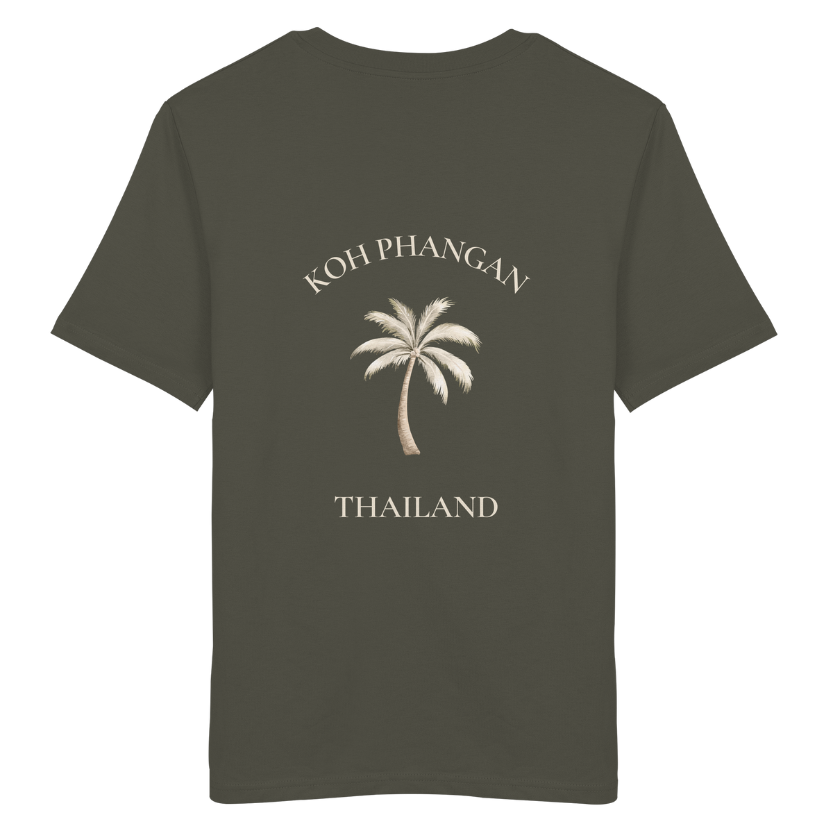 Koh Phangan Mini Palm – Bio T-Shirt – Backprint – Originalmockup in Khaki, Produktansicht 1