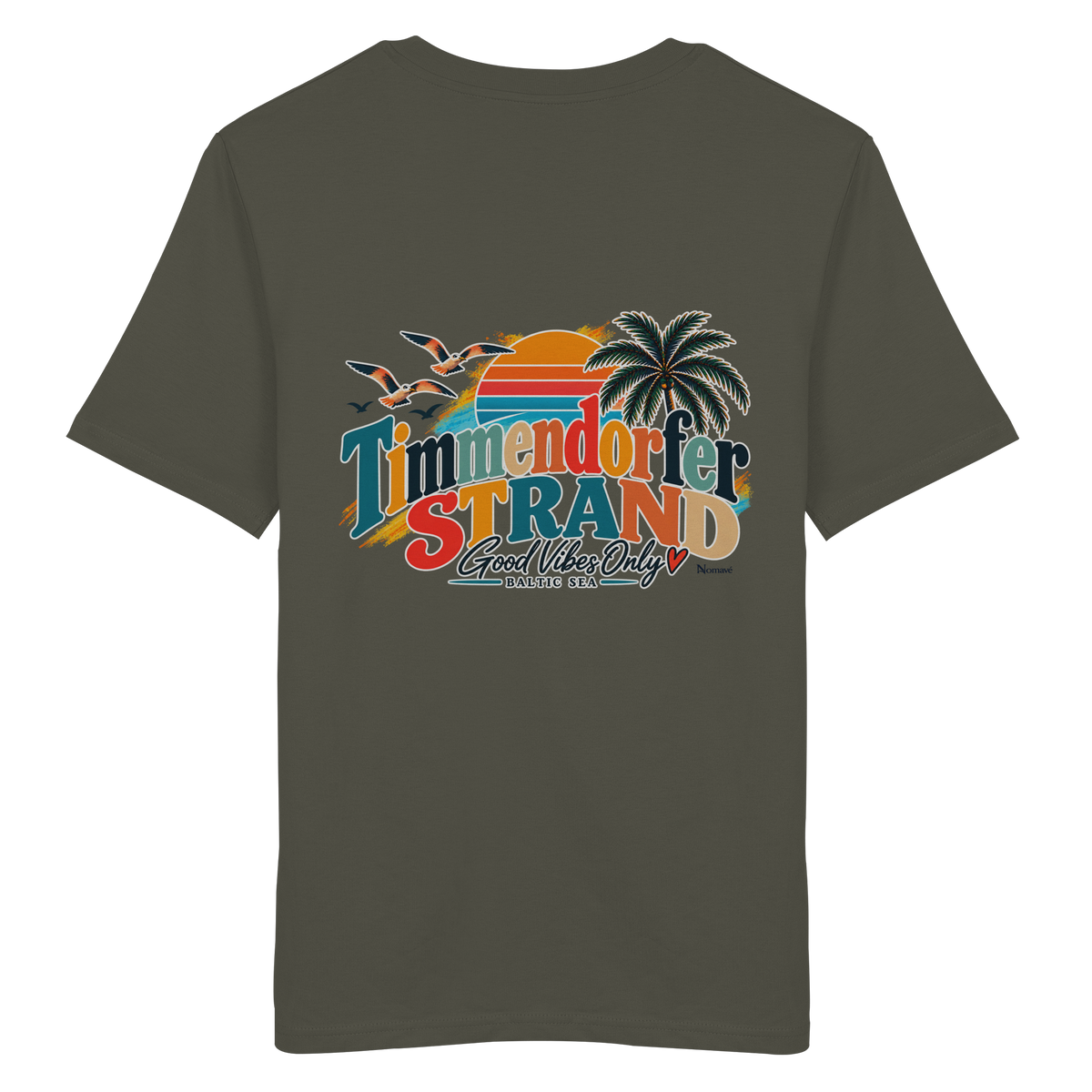 Unisex-Bio-T-Shirt in Khaki, Katalog-Rückansicht mit Timmendorfer-Strand-Good-Vibes-Only-Rückenprint.