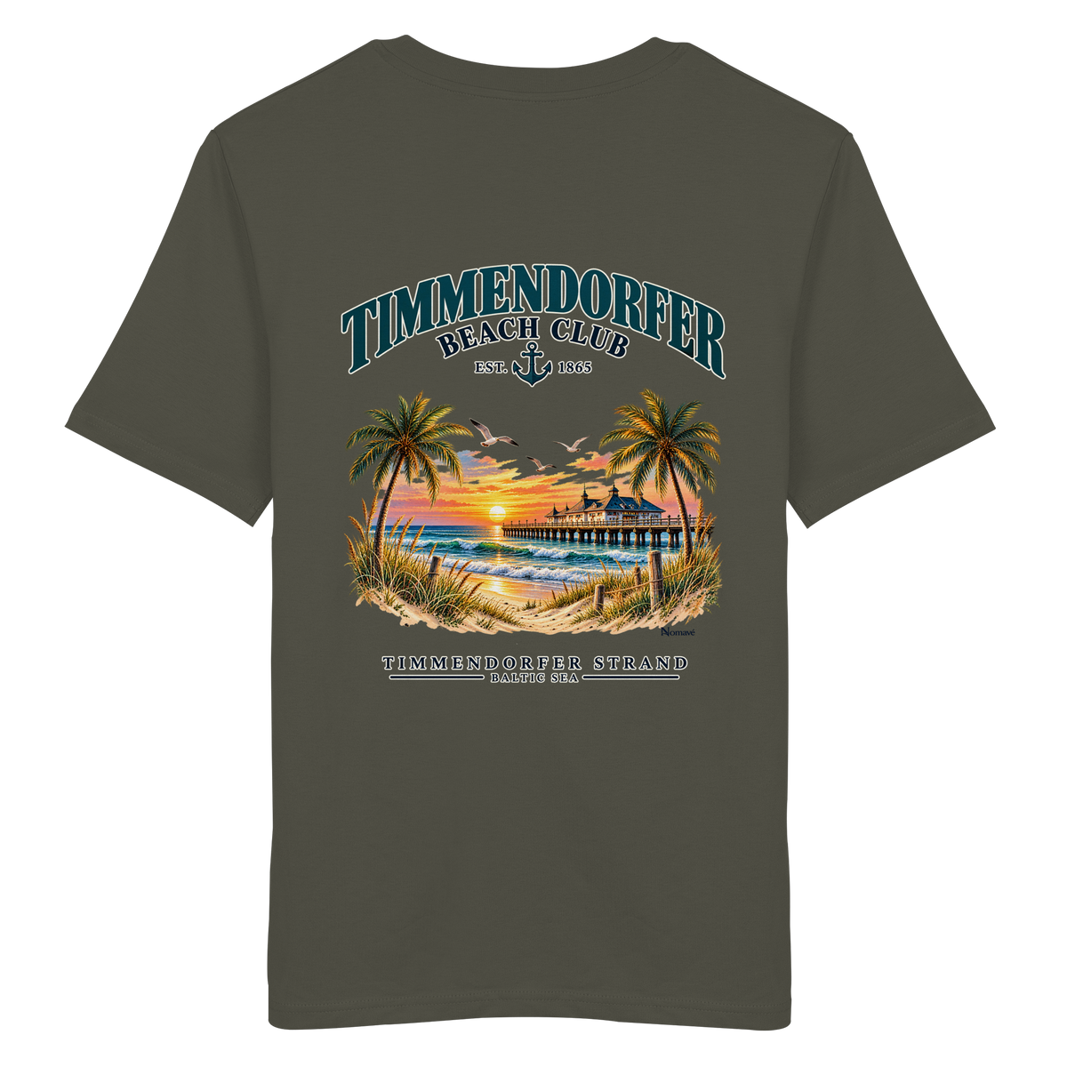 Original-/Katalogmockup: Unisex Bio-T-Shirt in Khaki, Rückansicht mit Timmendorfer-Beach-Club-Rückendruck.