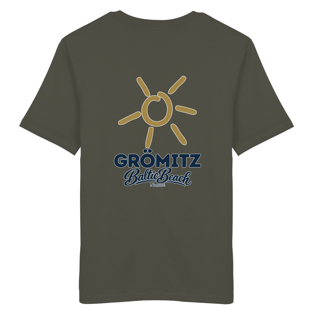 Grömitz Sonne Bio Unisex T-Shirt Baltic Beach mit Rückendruck in Khaki – Shirtigo-Originalmockup 23