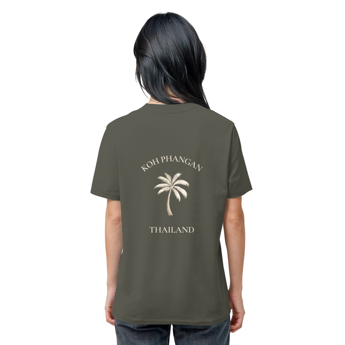 Koh Phangan Mini Palm – Bio T-Shirt – Backprint – Originalmockup in Khaki, Produktansicht 2