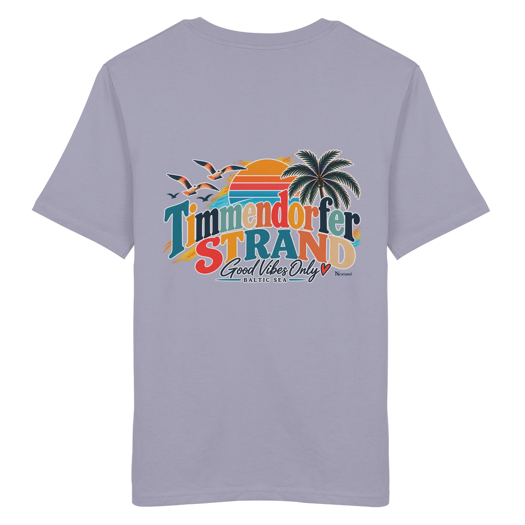 Unisex-Bio-T-Shirt in Lavender, Katalog-Rückansicht mit Timmendorfer-Strand-Good-Vibes-Only-Rückenprint.