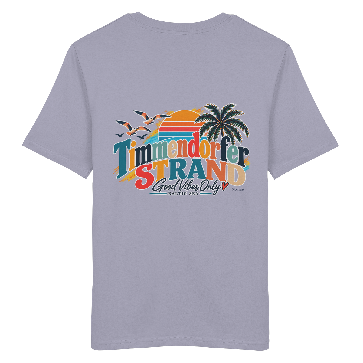 Unisex-Bio-T-Shirt in Lavender, Katalog-Rückansicht mit Timmendorfer-Strand-Good-Vibes-Only-Rückenprint.