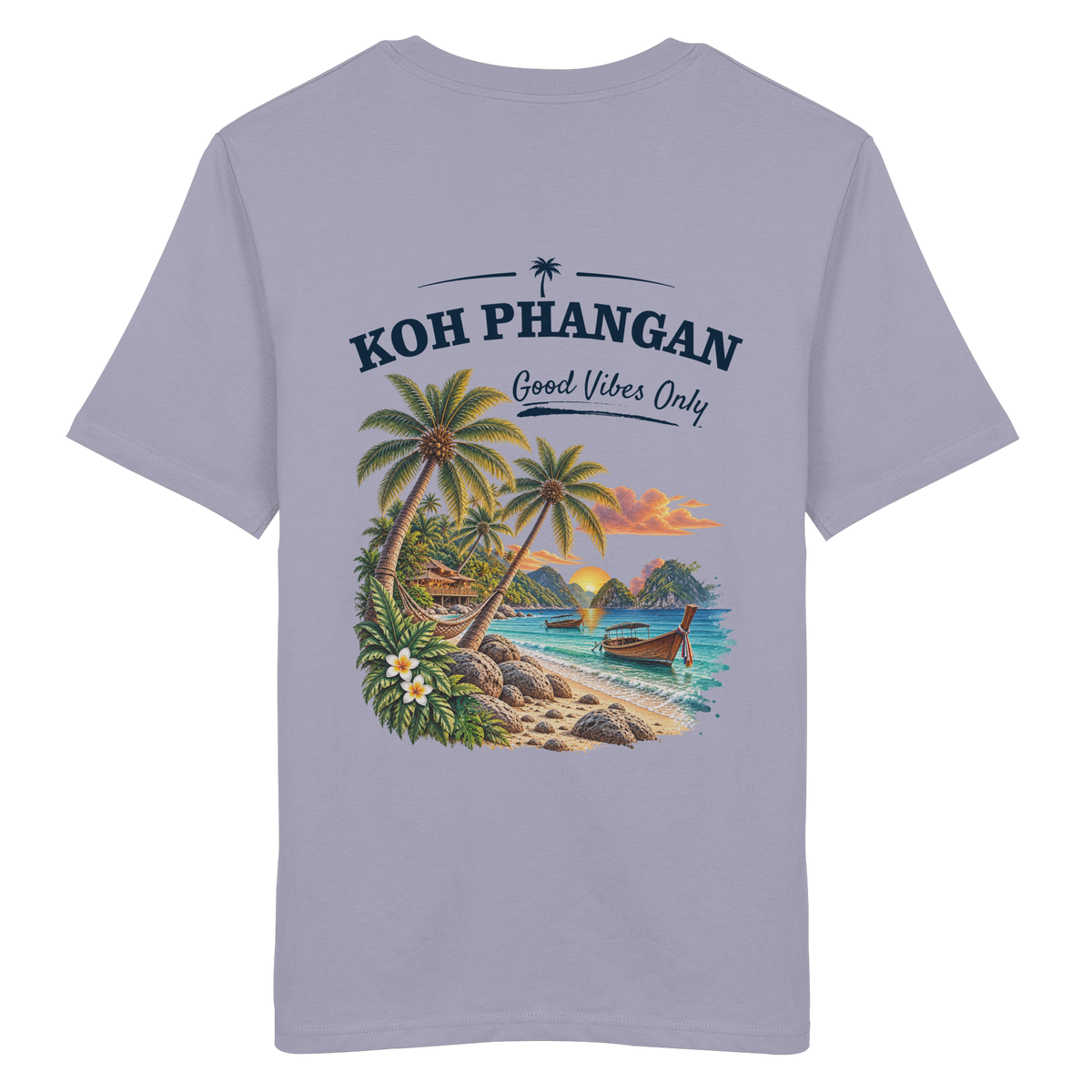 Koh Phangan Good Vibes Only – Bio T-Shirt – Backprint – Original-Mockup organic shirt lavender mit Rückenmotiv