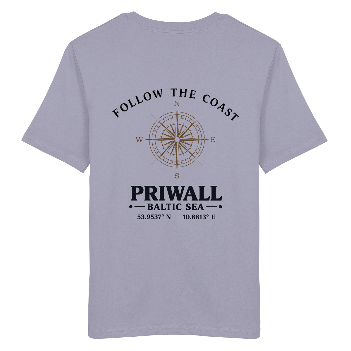Rückansicht des Bio T-Shirt in Lavender mit hellem Priwall Follow the Coast Backprint