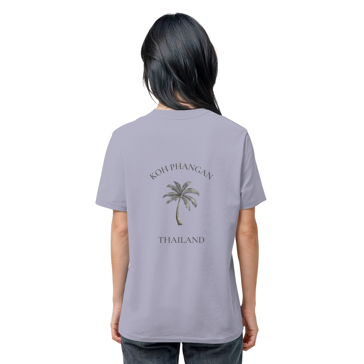 Bio T-Shirt in Lavender, Original-Mockup weitere Produktansicht mit Koh Phangan Mini Palm Backprint