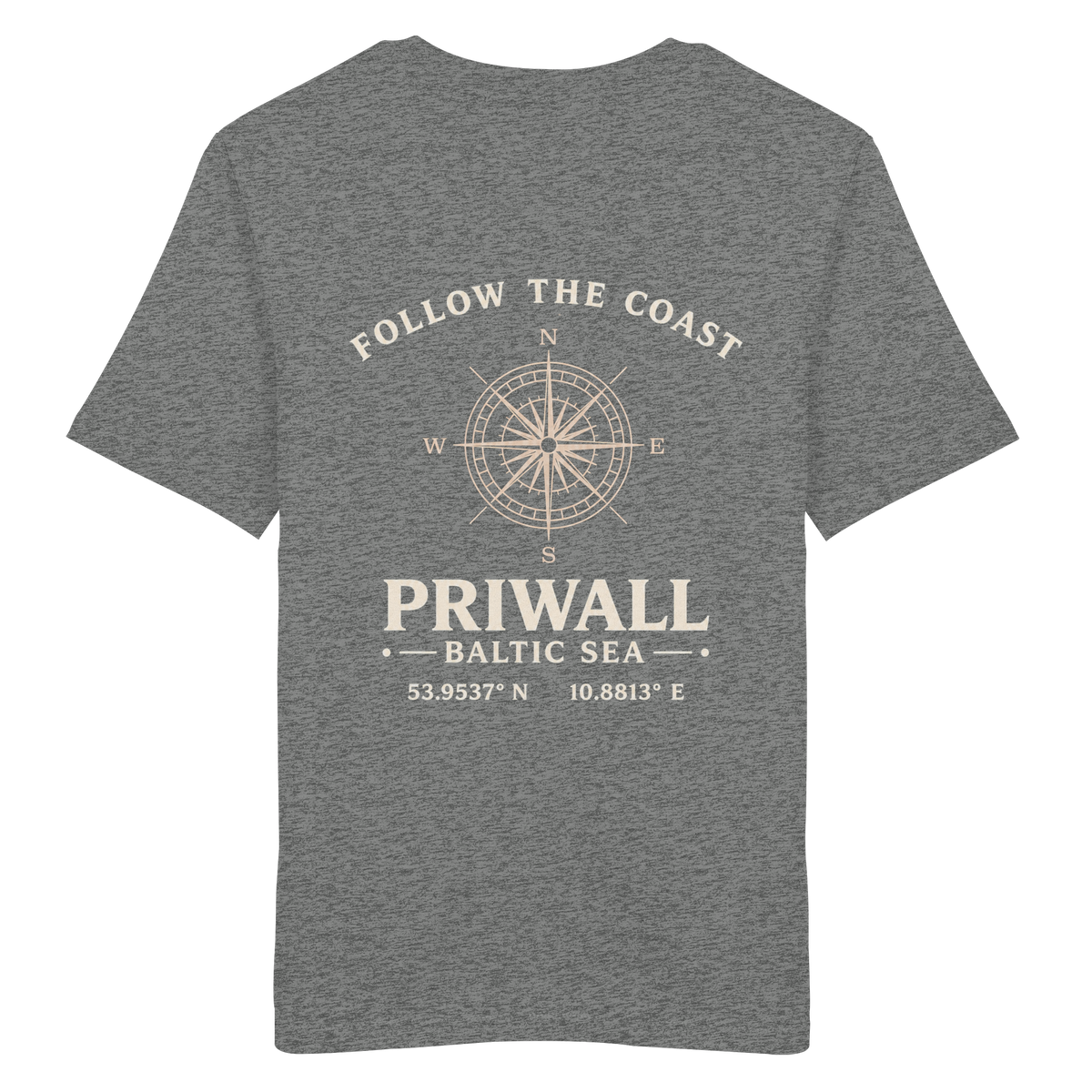 Rückansicht des Bio T-Shirt in Mid Heather Grey mit dunklem Priwall Follow the Coast Backprint