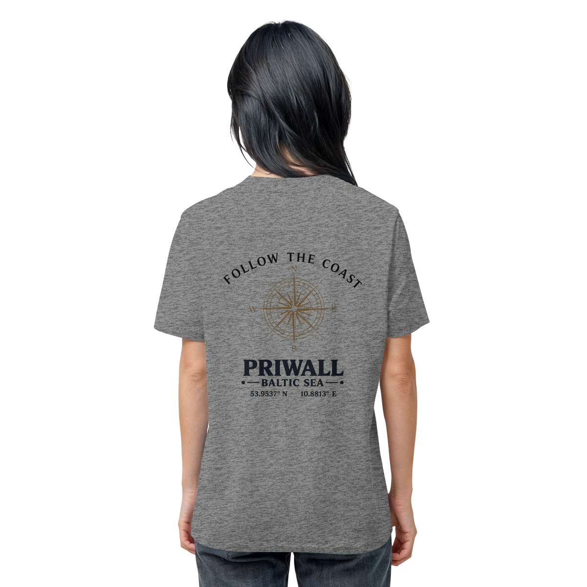 Rückansicht des Bio T-Shirt in Mid Heather Grey mit hellem Priwall Follow the Coast Backprint