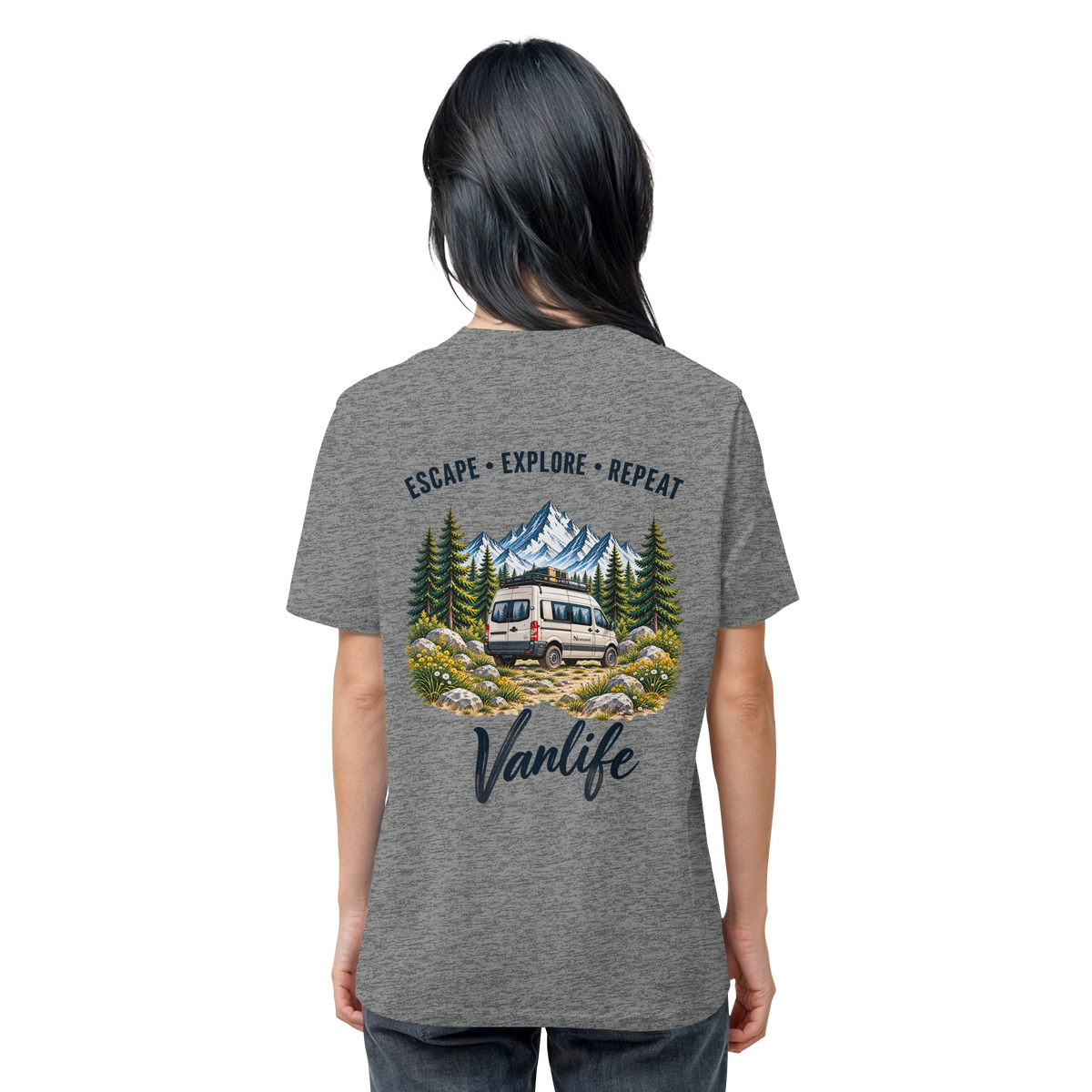Bio T-Shirt in Mid Heather Grey als Produkt-Mockup mit Escape Explore Repeat Motiv als Backprint – Produktansicht 2