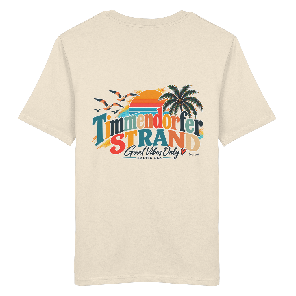 Unisex-Bio-T-Shirt in Natural Raw, Katalog-Rückansicht mit Timmendorfer-Strand-Good-Vibes-Only-Rückenprint.